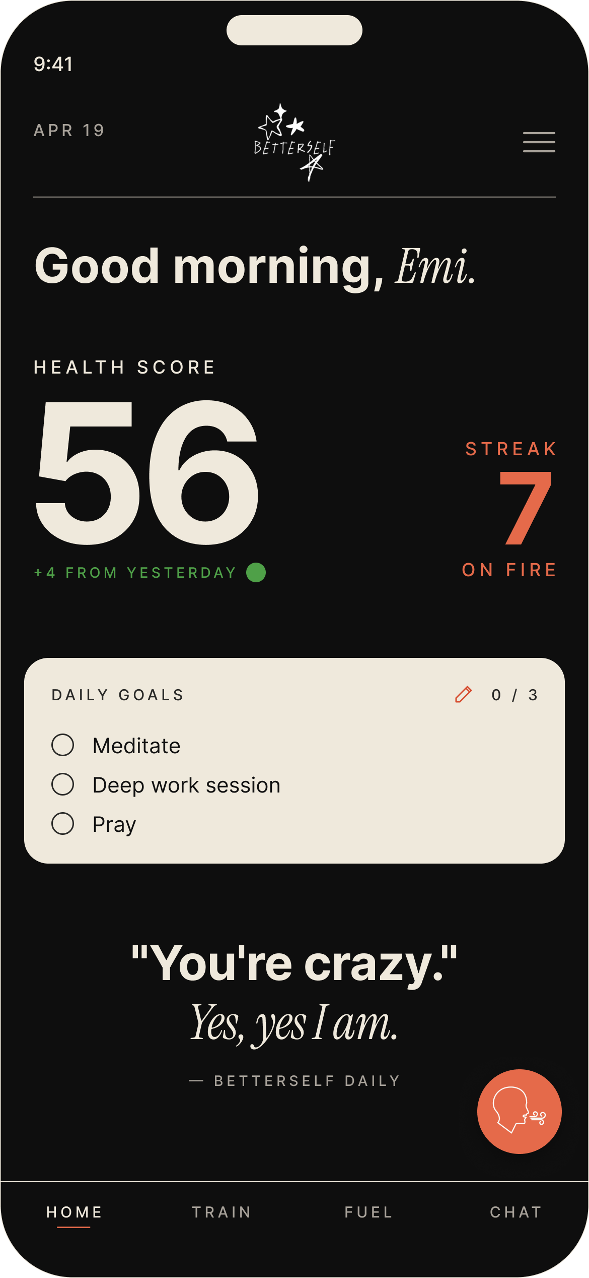 Betterself home — your day at a glance